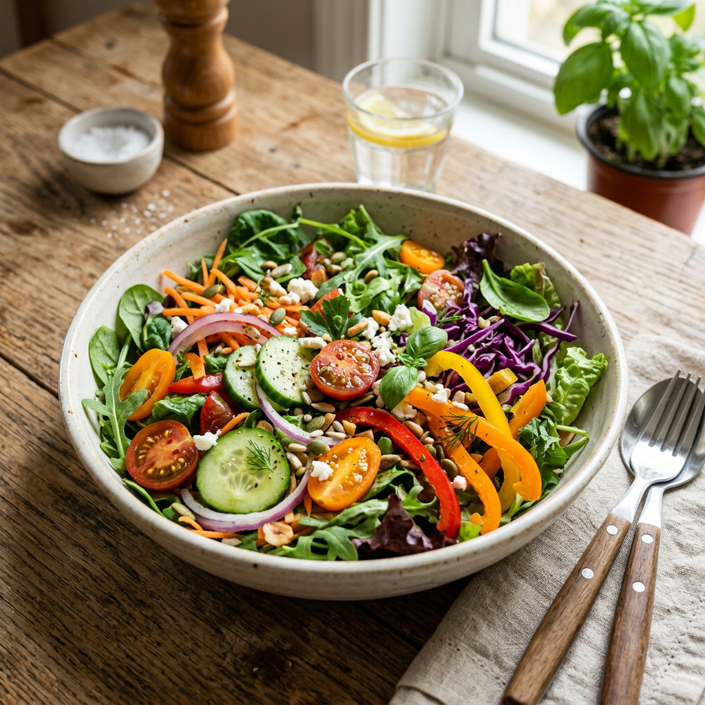 Bowl of mixed greens, cucumber slices, cherry tomatoes, bell peppers, red onion, shredded carrots, purple cabbage, seeds, and feta cheese