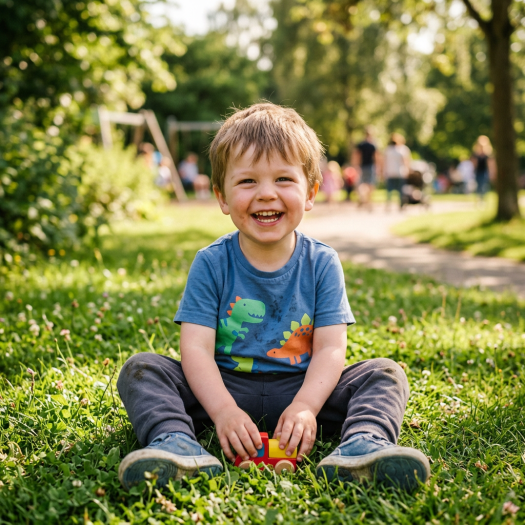 Smiling young boy sitting cross-legged on grass holding a toy car outdoors
