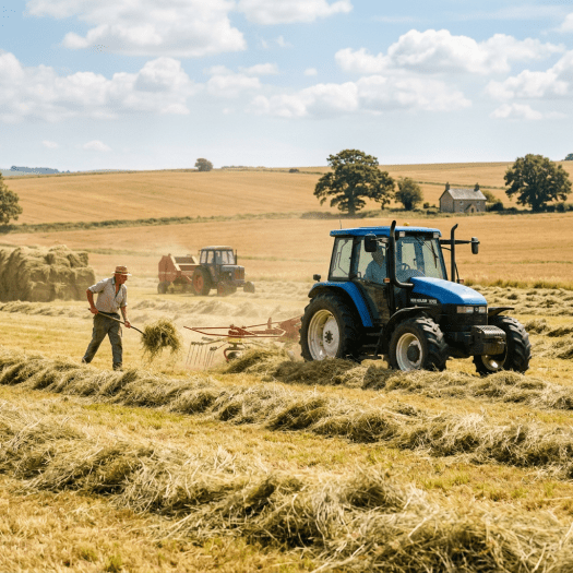 Two tractors and a farmer gathering hay in a field