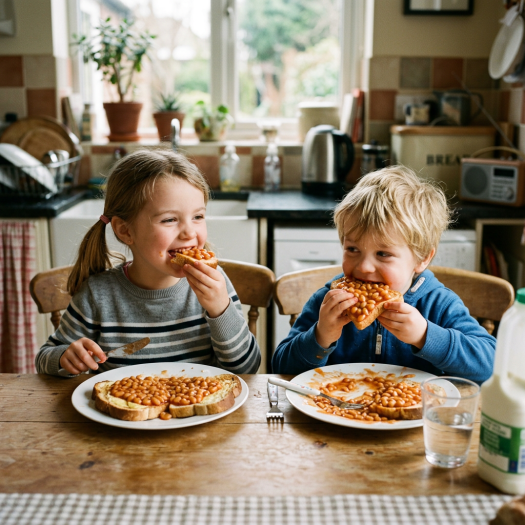 Two children eating beans on toast at a kitchen table