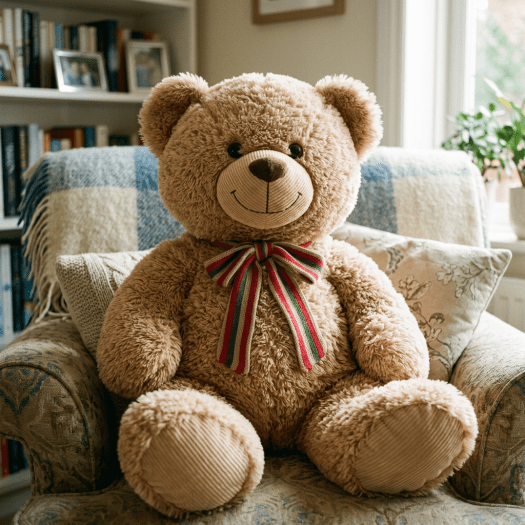 Teddy bear wearing a striped scarf seated in an armchair
