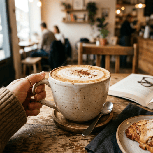 Hand holding a cappuccino beside an open book and pastry